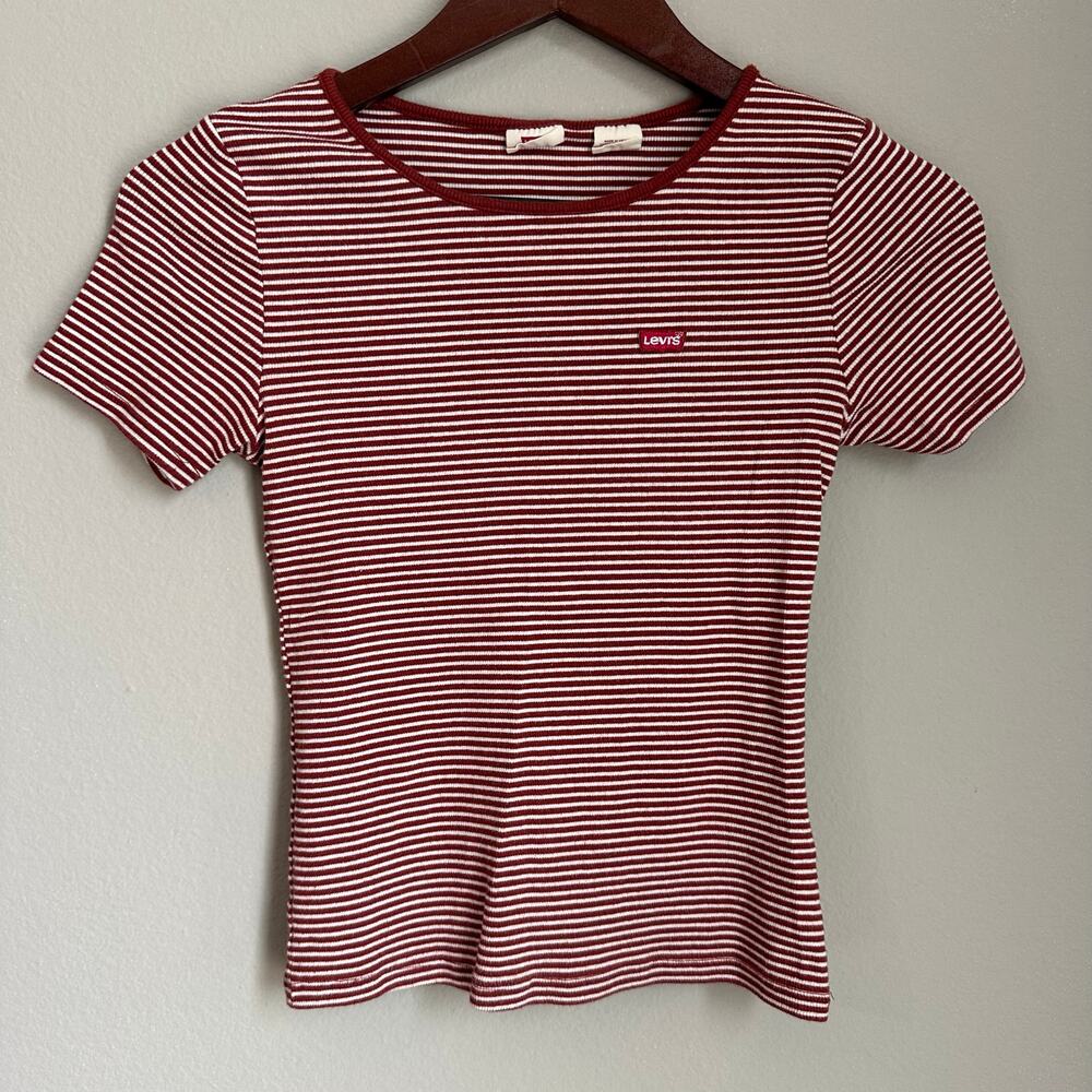 Women's Levi's Brown Striped Short Sleeve Ribbed Top Round Neck Size S